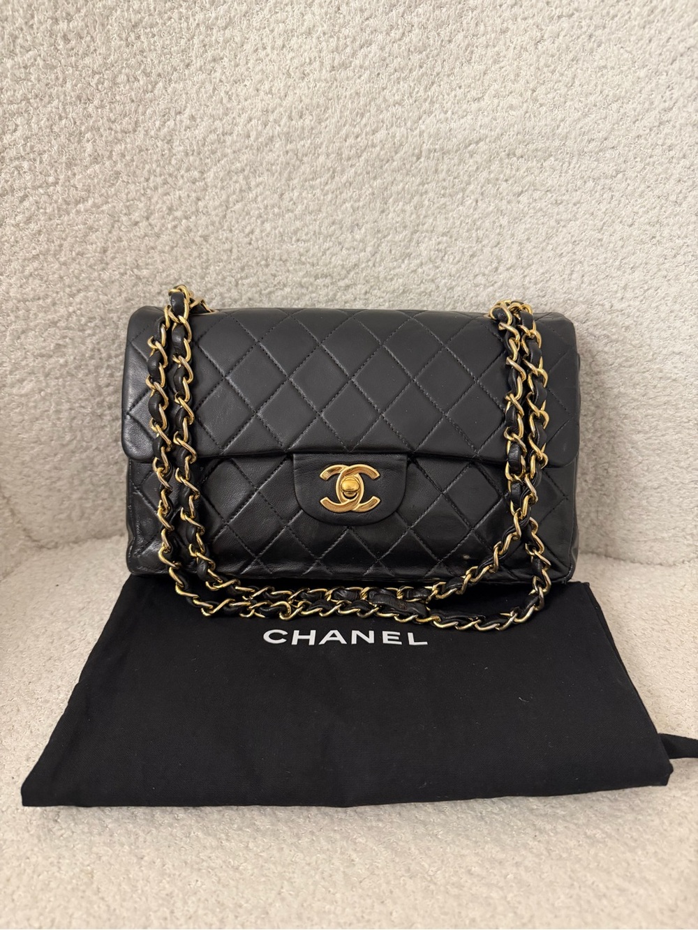 CHANEL Black Quilted Leather Shoulder Bag with Gold Chain SMALL